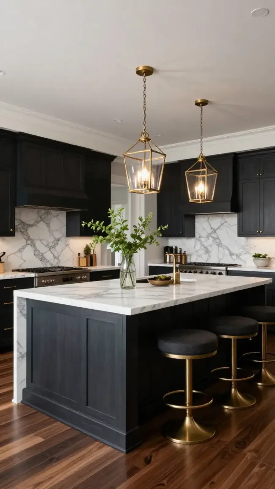 Luxurious moody kitchen with dark cabinetry, a white marble waterfall island, brass lantern pendant lights, and dark bar stools with gold bases.