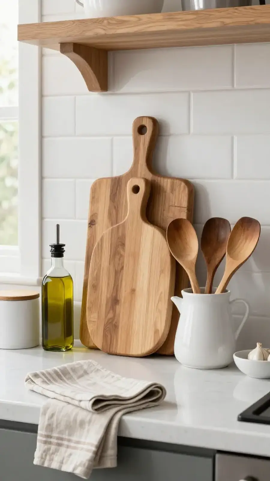 Sunlit kitchen counter with wooden cutting boards, wooden utensils in a white crock, olive oil bottle, ceramic canister, folded neutral towel, and a small bowl of garlic against a white subway-tile backsplash.