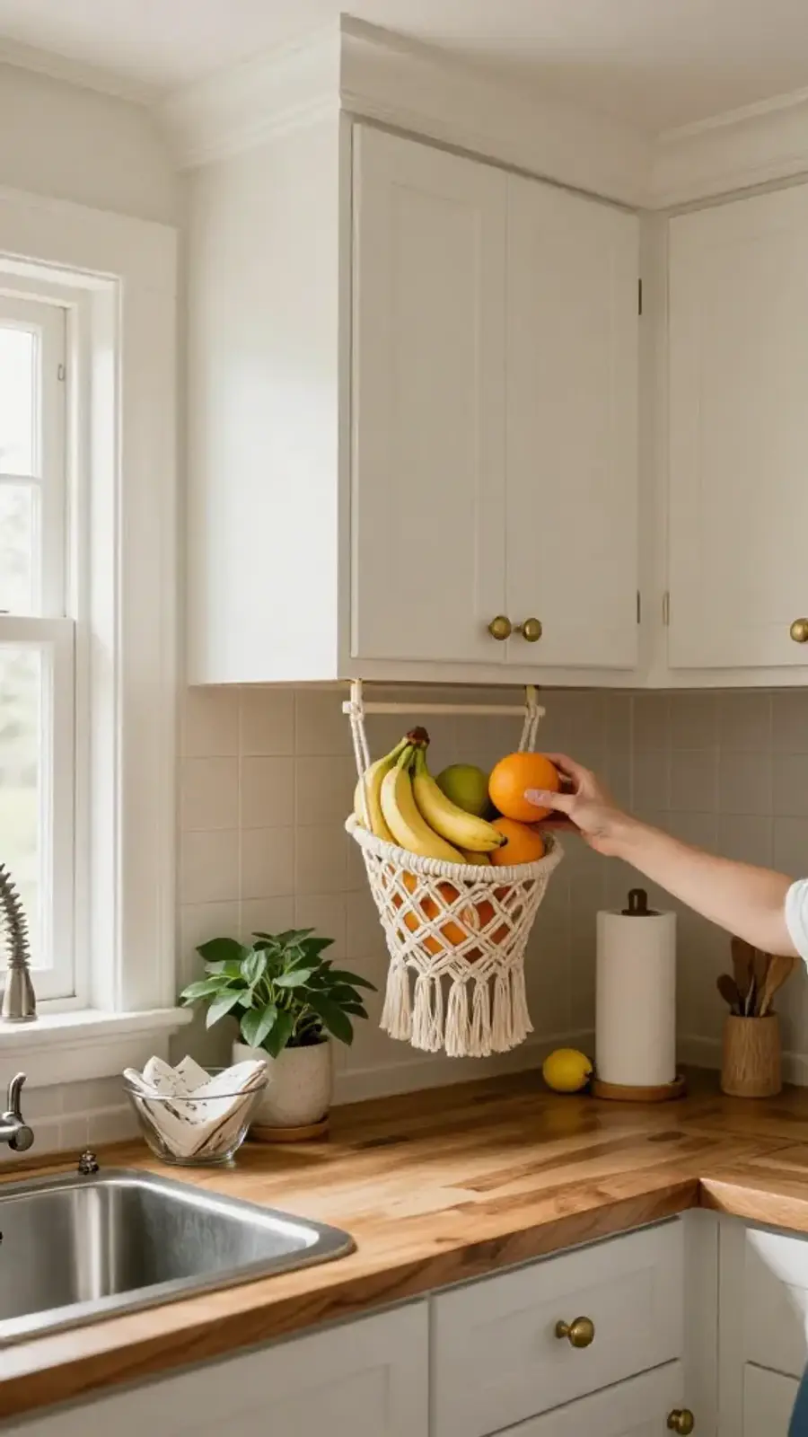 Hand reaching for an orange from a macramé fruit hammock under white kitchen cabinets above a warm wood countertop with a faucet, small plant, dish towels, and paper towel holder.