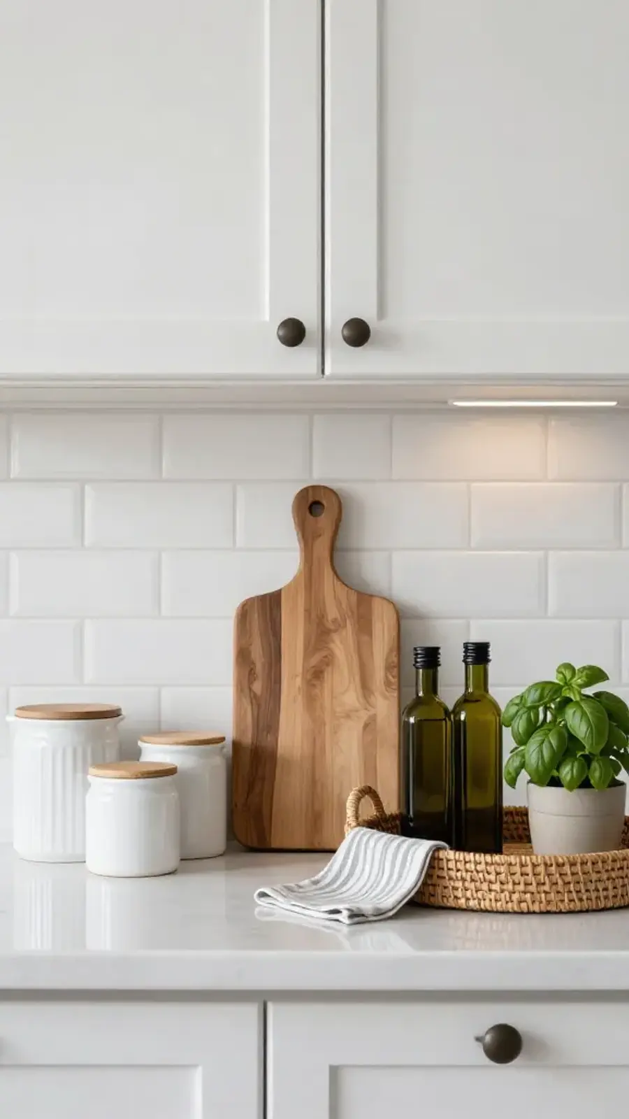 Styled kitchen countertop with white canisters, a wooden cutting board, and a woven tray holding olive oil bottles, a striped towel, and a basil plant under warm cabinet lighting.