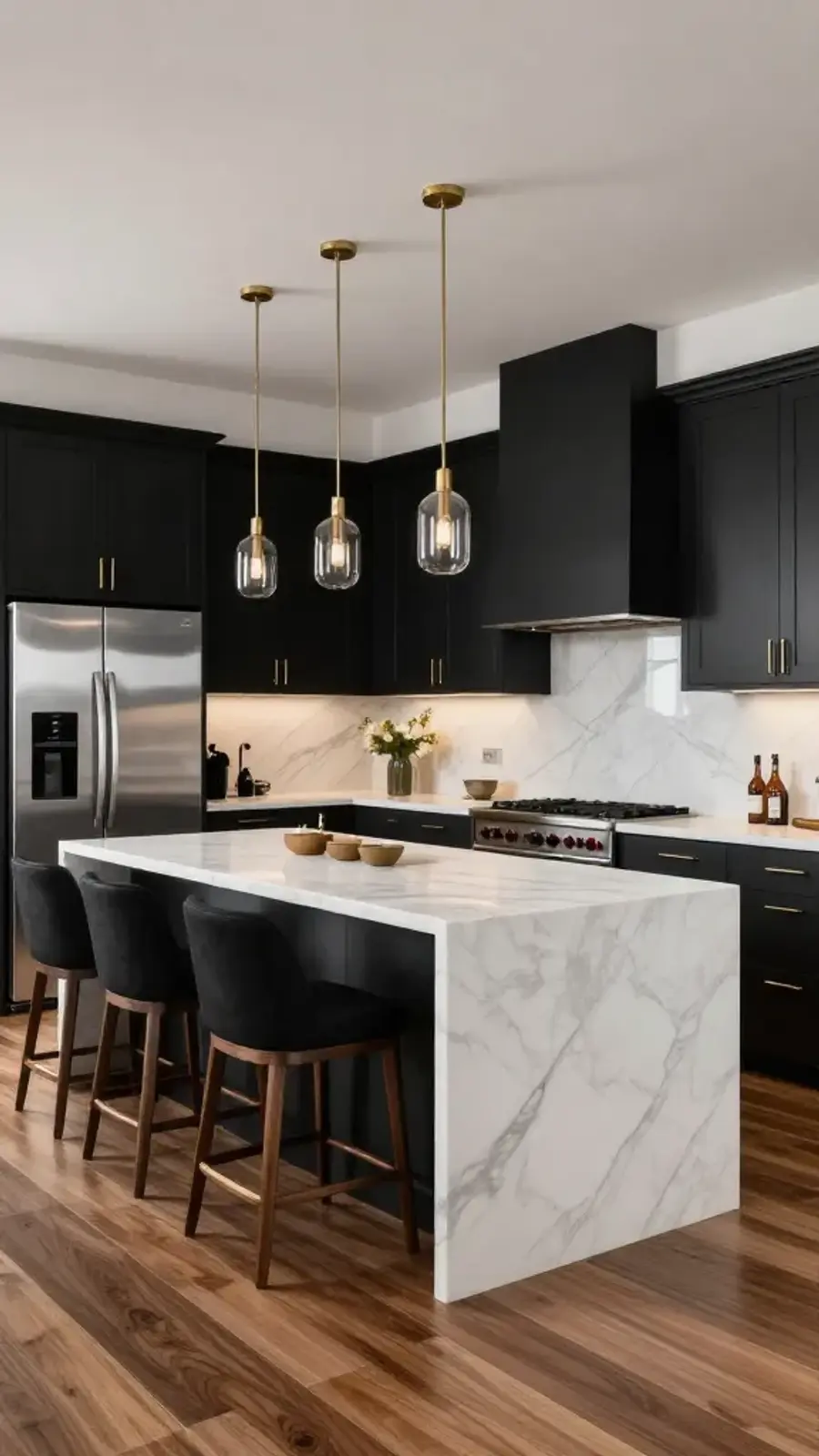 Modern kitchen decor with matte black cabinets, brass hardware, and a white marble waterfall island under brass pendant lights.