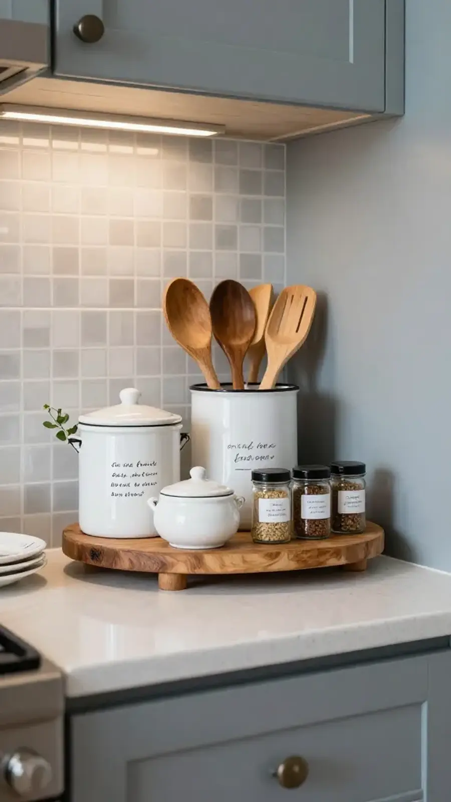 Modern farmhouse kitchen countertop with a wooden riser displaying white labeled canisters, a utensil crock with wooden spoons, and small spice jars under warm under-cabinet lighting against a gray mosaic backsplash.