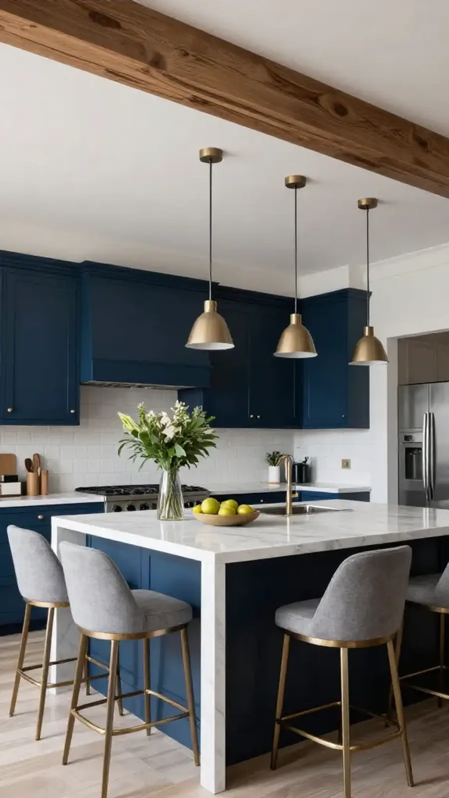 A sophisticated modern kitchen with dark cabinetry, a marble island, and stylish lighting.