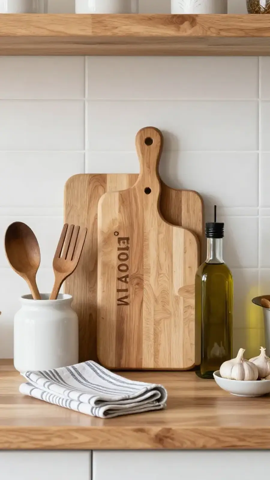A warm kitchen countertop with wooden cutting boards, kitchen utensils, an oil bottle, a white jar, and a striped towel.