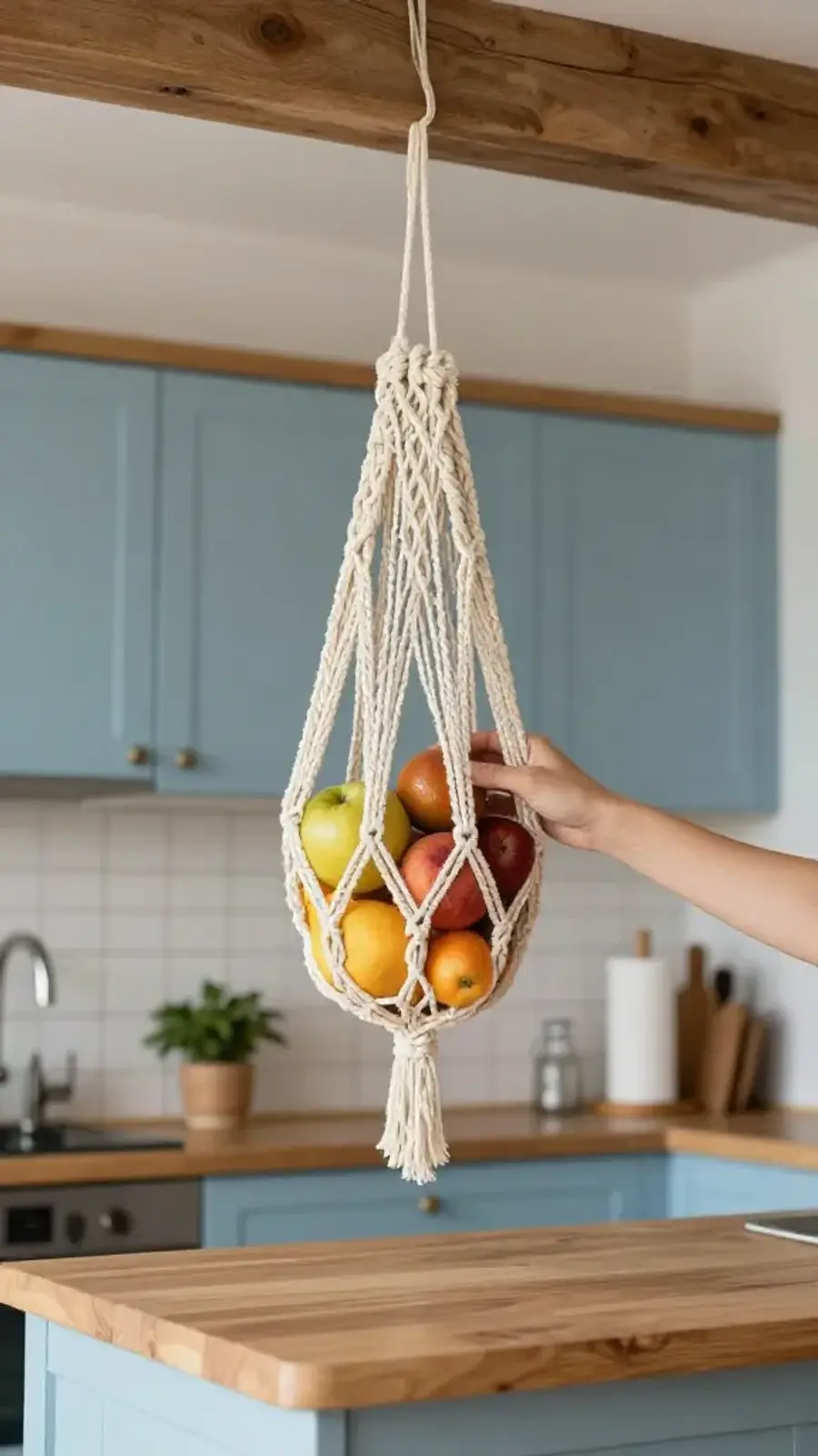 A hand reaching for fruits in a macrame basket in a cozy kitchen with light blue cabinets and a wooden countertop.
