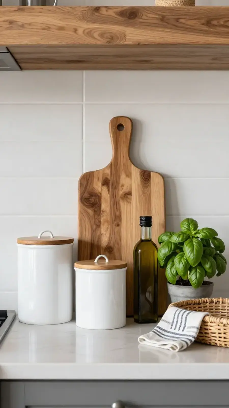 Modern kitchen countertop with white canisters, a wooden cutting board, olive oil bottles, and a potted basil plant.