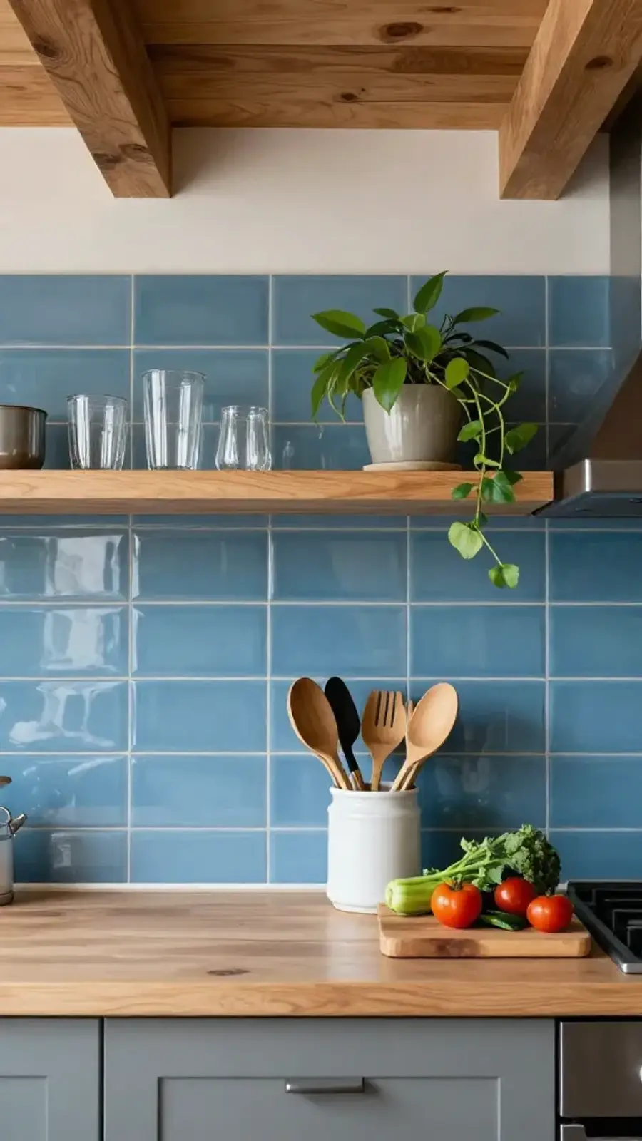A modern kitchen with a blue tile backsplash, a floating shelf with glassware and plants, and a countertop with utensils and fresh vegetables.