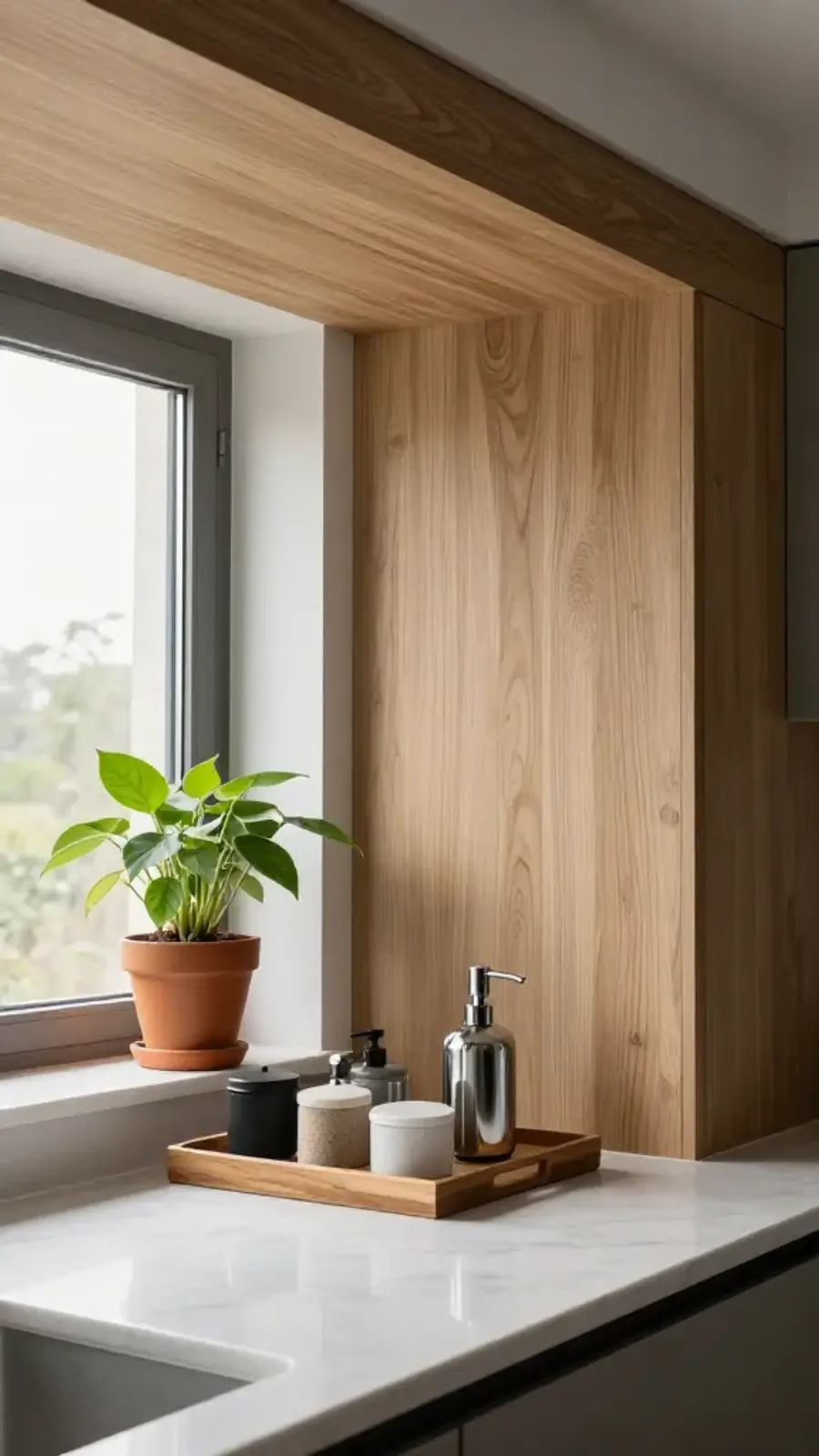 A modern kitchen countertop featuring a wooden tray with containers, a soap dispenser, and a green potted plant by a window.