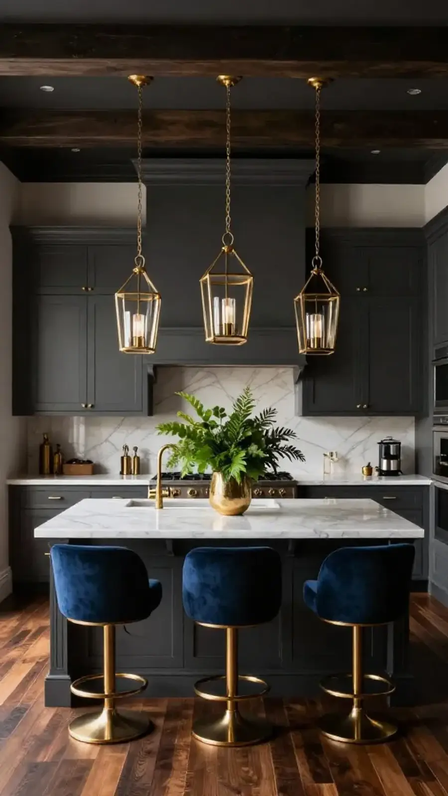 A luxurious kitchen featuring dark charcoal cabinets, a white marble island, and three gold lantern pendant lights.