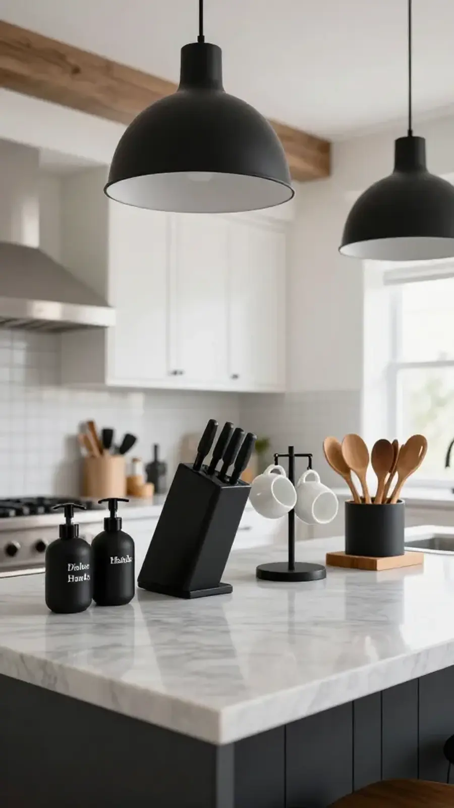 Modern kitchen countertop featuring matte black organizers, soap dispensers, and a knife block on a gray marble surface.